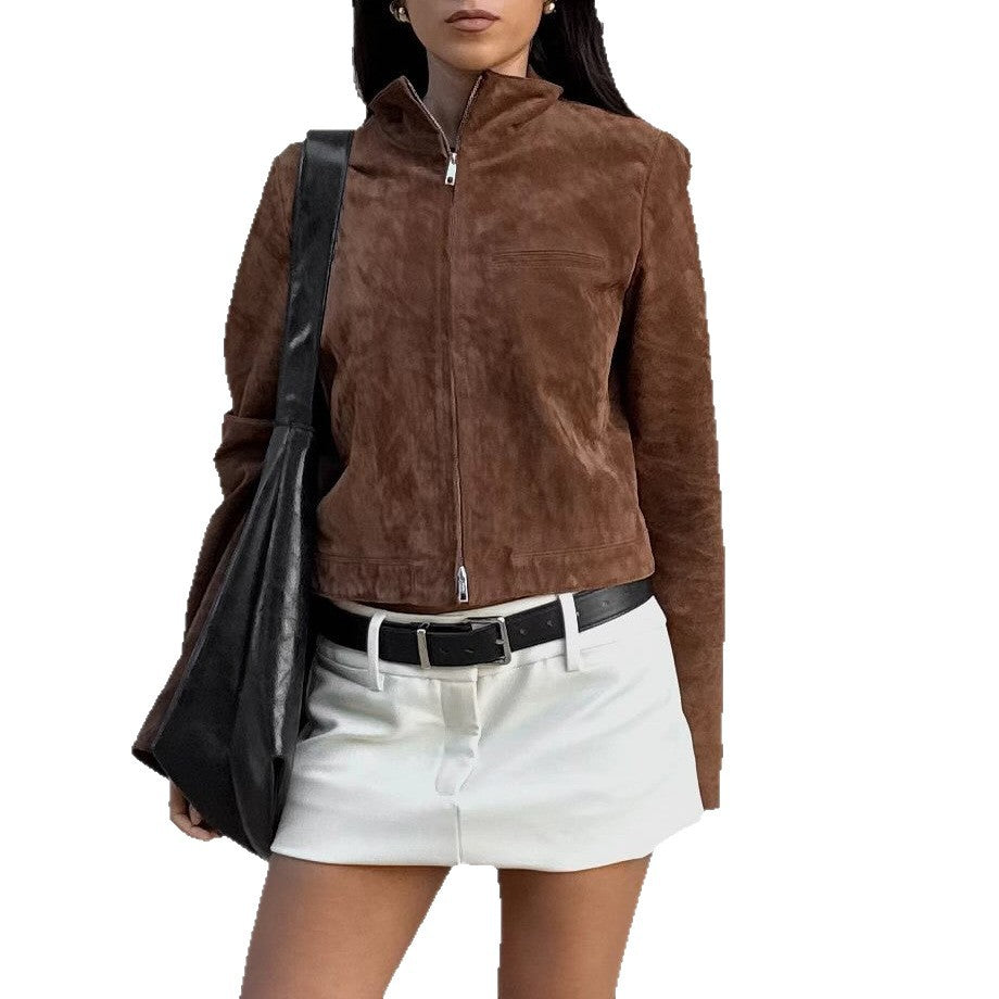 Damen Kurzjacke im modernen Wildleder-Look mit hohem Kragen R&B