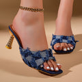Damen Offene Mules mit modischem Denim-Design und auffälligem Absatz R&B