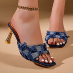 Damen Offene Mules mit modischem Denim-Design und auffälligem Absatz R&B