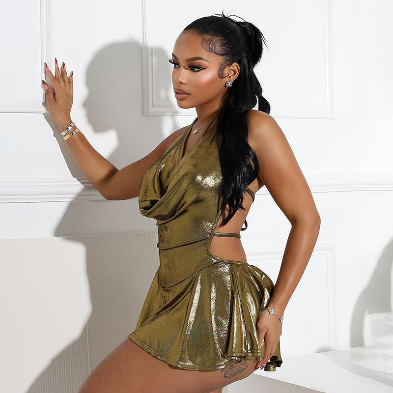 Damen Glamouröses Minikleid mit tiefem V-Ausschnitt und fließendem Rock R&B