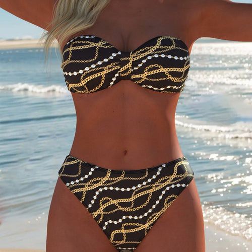 Damen Bandeau-Bikini mit luxuriösem Kettenmuster und hohem Taillenschnitt R&B