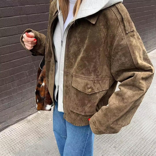 Damen Kunstlederjacke mit praktischen Taschen und elastischem Bund R&B