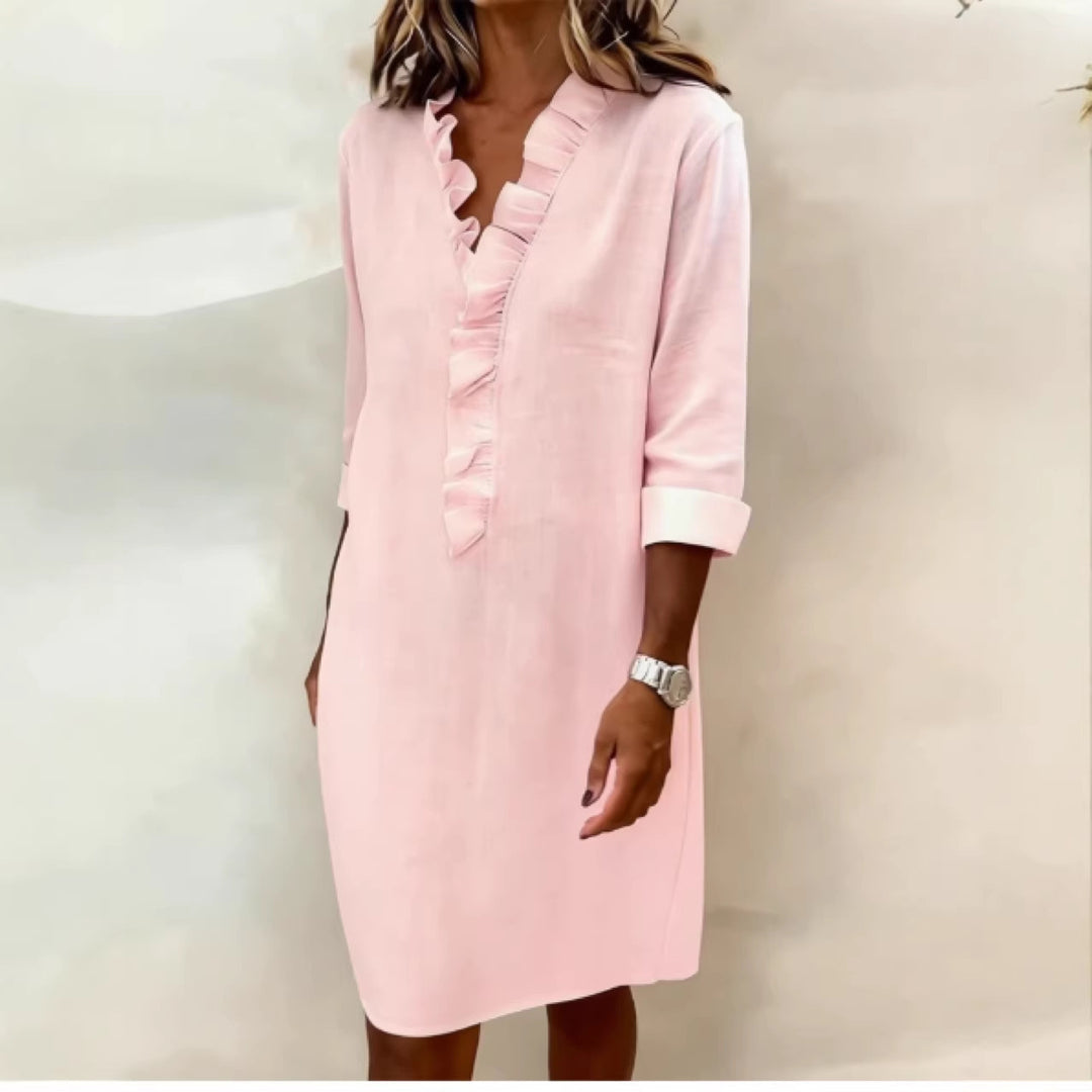 Damen Freizeitkleid mit Rüschen und V-Ausschnitt R&B