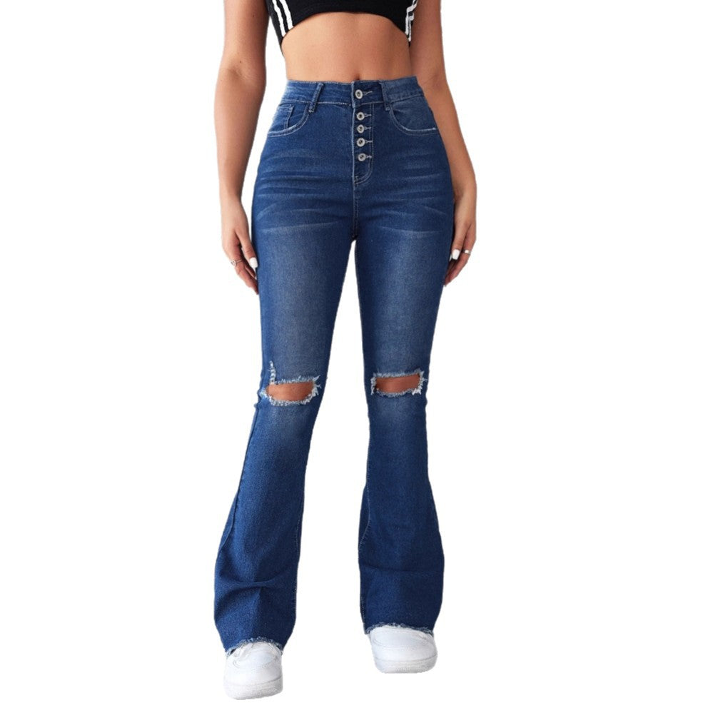 Damen Flared Jeans mit modischen Rissdetails und hohem Taillenbund R&B