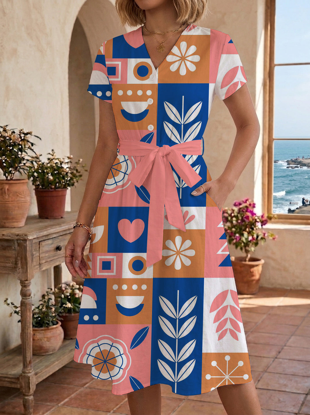 Damen Blühendes Midikleid mit taillierbarem Gürtel und kunstvollem Print R&B