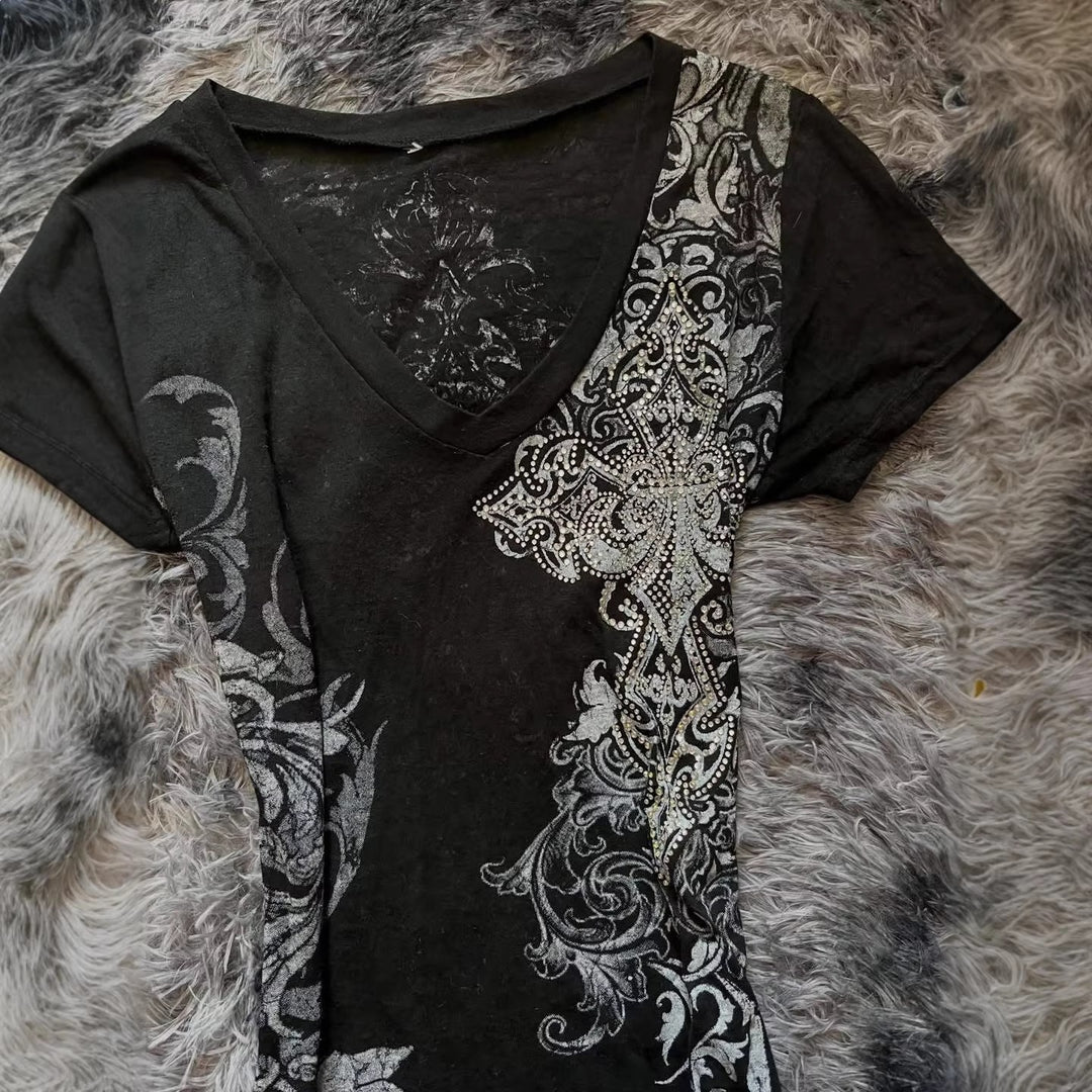 Damen Elegantes V-Ausschnitt T-Shirt mit kunstvollem Design R&B