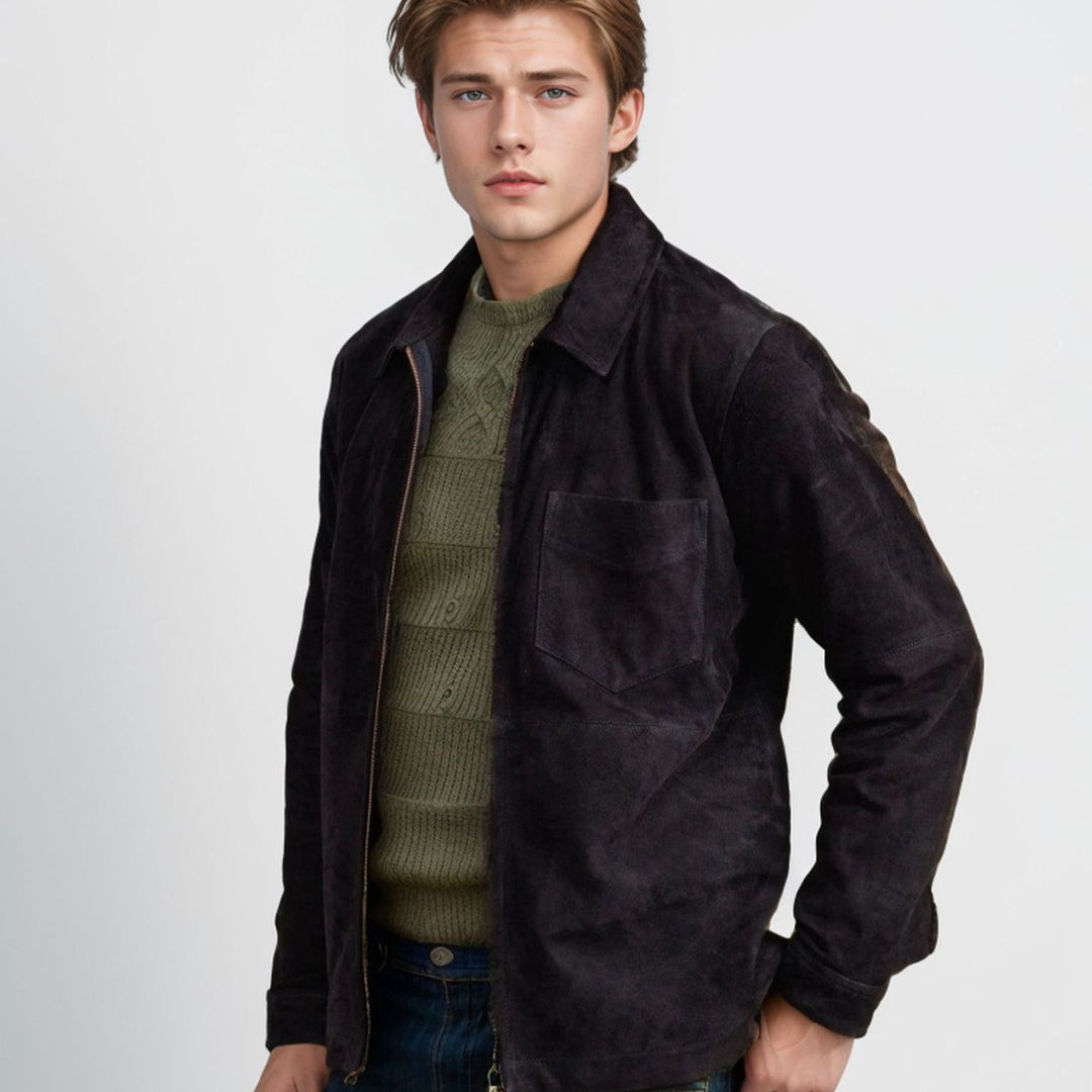 Herren schicke und lässige Wildlederjacke mit Stehkragen R&B