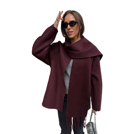 Damen lässige Oversized Jacke mit integriertem Schal R&B