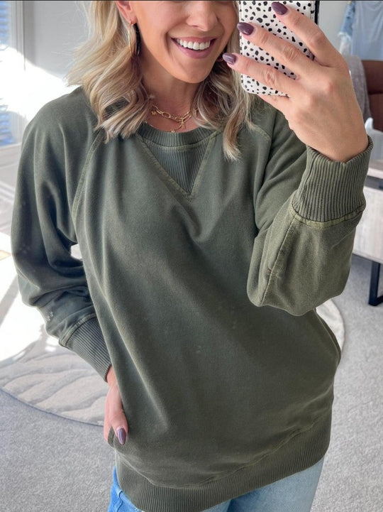 Damen lässiger V-Ausschnitt Sweatshirt mit Raglanärmeln und seitlichen Taschen R&B