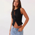 Damen ärmelloses Knopfschalenshirt aus Rippenstoff mit modernem Schnitt R&B