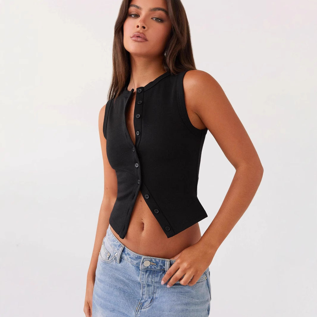 Damen ärmelloses Knopfschalenshirt aus Rippenstoff mit modernem Schnitt R&B