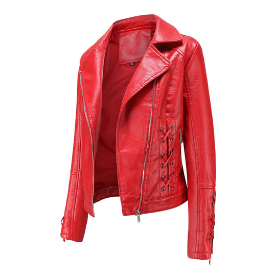 Damen modische Kunstlederjacke mit raffinierten Schnürdetails R&B