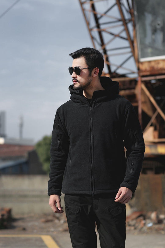 Herren Fleecejacke mit mehrfachen Taschen und verstellbarem Kapuzenkragen R&B