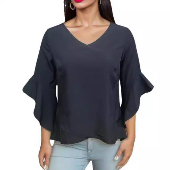 Damen Elegante Bluse mit Rüschendetails und tiefem V-Ausschnitt R&B
