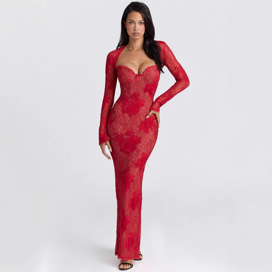Damen Elegantes Spitzenabendkleid mit langem Arm und verführerischem Schnitt R&B