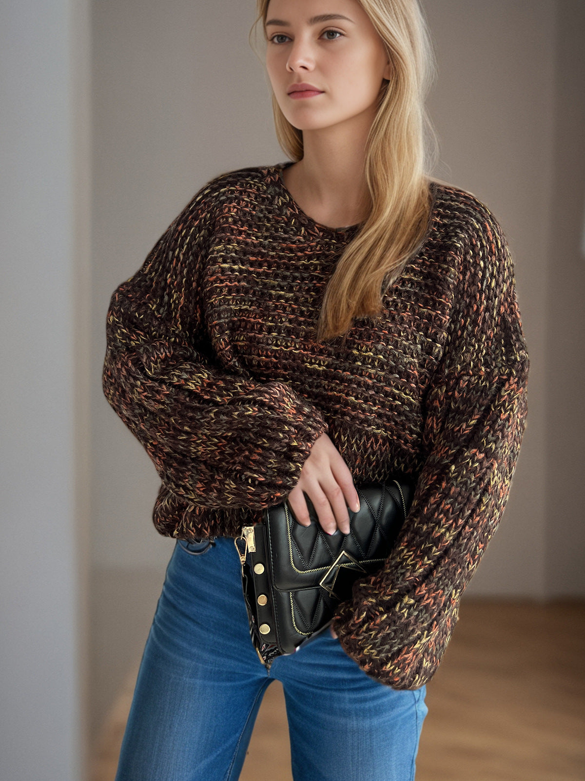 Damen grob gestrickter Pullover mit voluminösen Ärmeln R&B