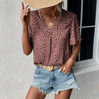 Damen V-Ausschnitt T-Shirt mit Leopardenmuster und fließendem Schnitt R&B
