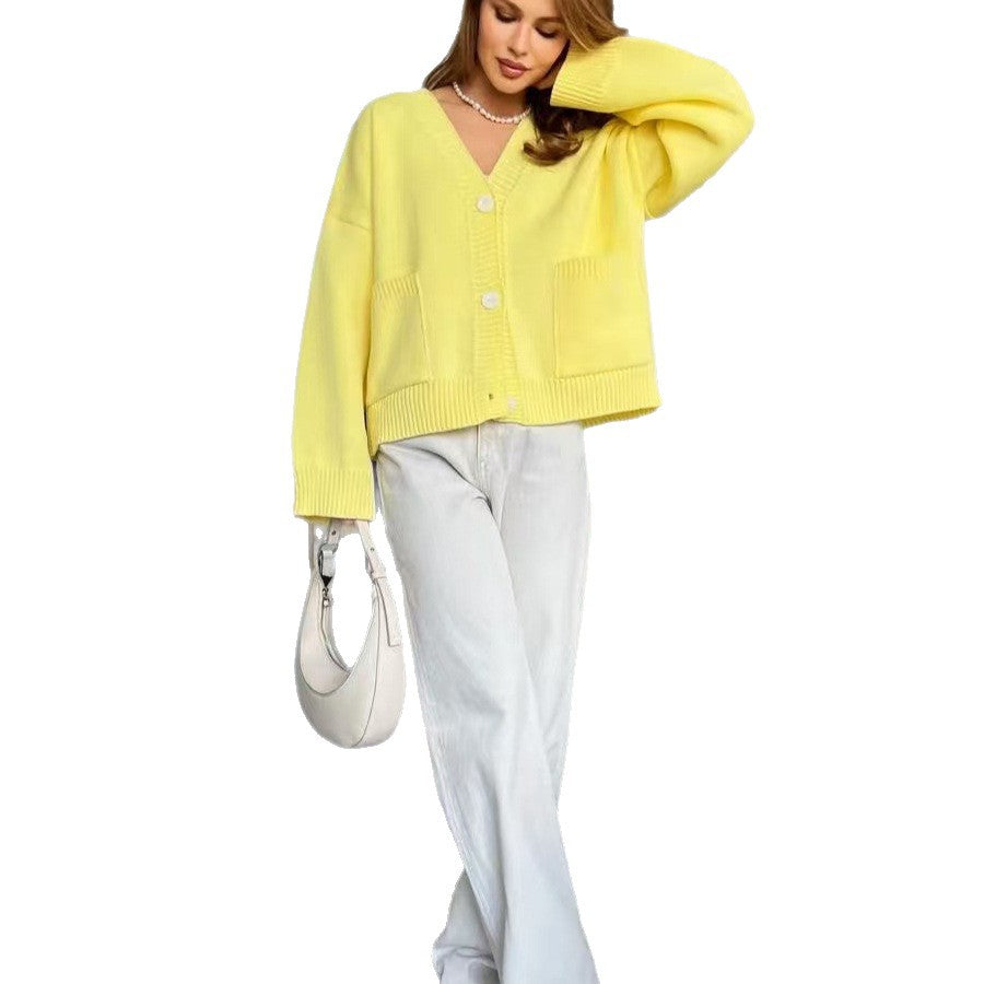 Damen Lässiger Strickcardigan mit gerippten Ärmeln und Rundhalsausschnitt R&B