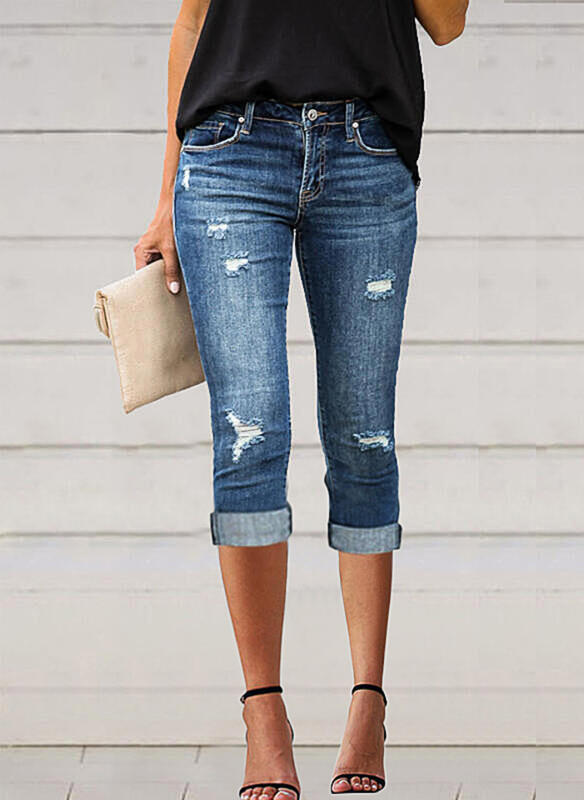 Damen modische 3/4 Jeans mit lässigen Used-Details
