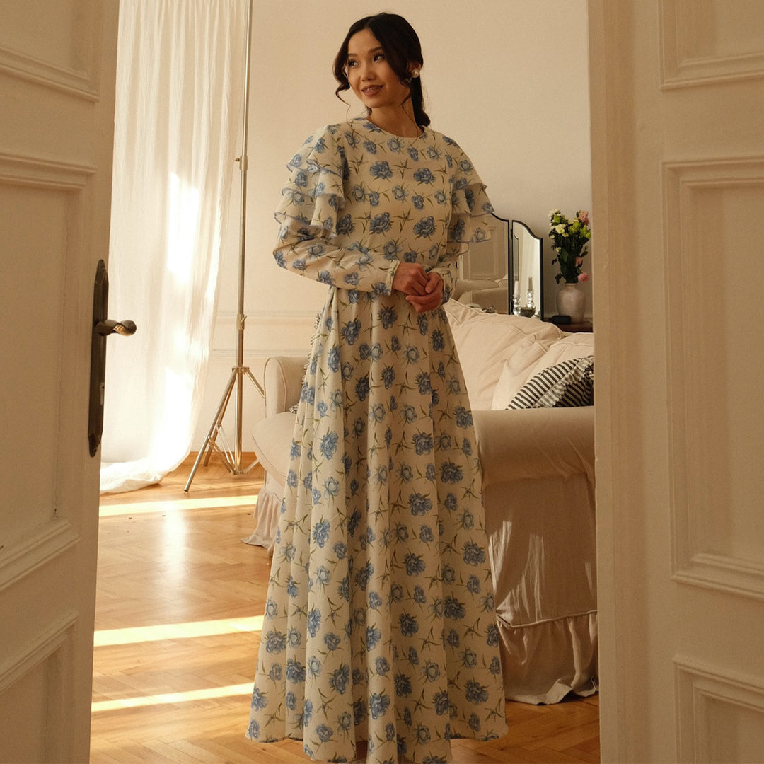 Damen Maxi-Kleid mit romantichem Rüschendesign und floralen Details R&B