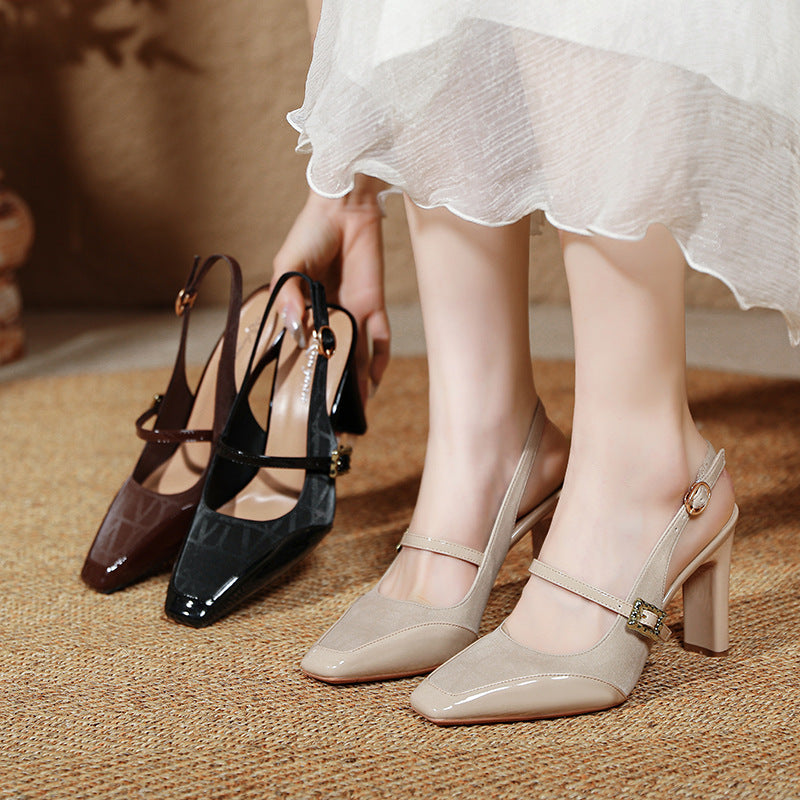 Damen Slingback-Pumps mit elegantem Quadrat-Design und dekorativem Riemen