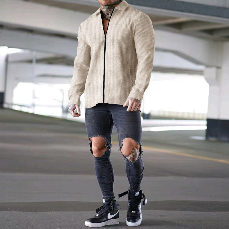 Herren nan strukturierte Zip-Hemdjacke aus Waffelstrick mit Kentkragen und schmaler Silhouette R&B