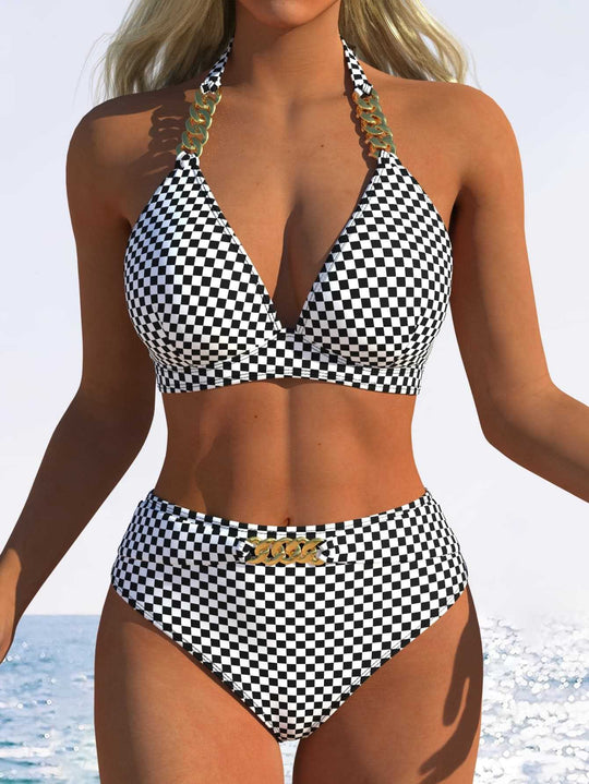 Damen Bikini-Set mit stilvollem Karomuster und goldfarbenen Akzenten R&B