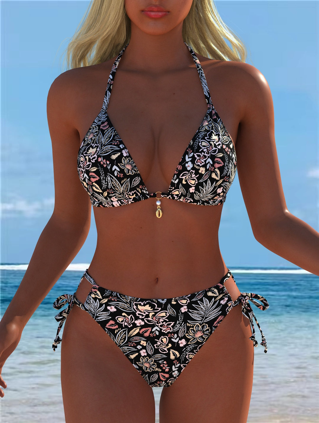 Damen Triangel-Bikini mit verspieltem Floral-Design und verstellbaren Bindebändern R&B