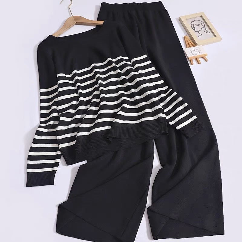 Damen gemütliches Strick-Loungewear-Set mit Streifenmuster R&B