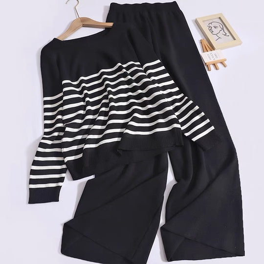 Damen gemütliches Strick-Loungewear-Set mit Streifenmuster R&B