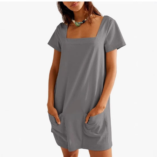 Damen Lockeres Sommerkleid mit Quadrat-Ausschnitt und praktischen Taschen R&B