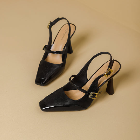 Damen Slingback-Pumps mit eleganter Quadratischer Spitze und glänzendem Riemendesign R&B