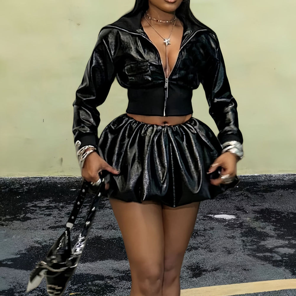 Damen Kurzjacke mit glänzendem Finish und elastischem Bund R&B