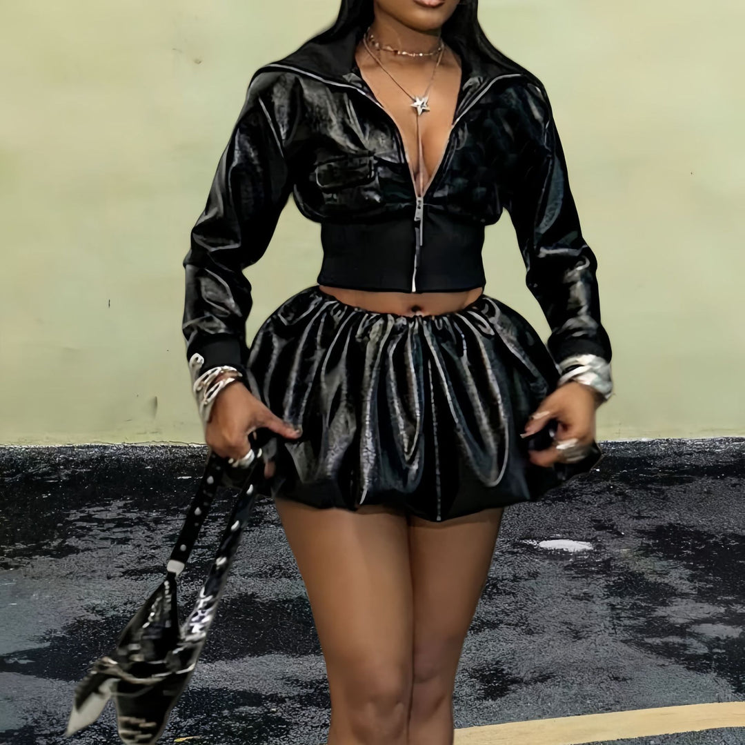 Damen Kurzjacke mit glänzendem Finish und elastischem Bund R&B