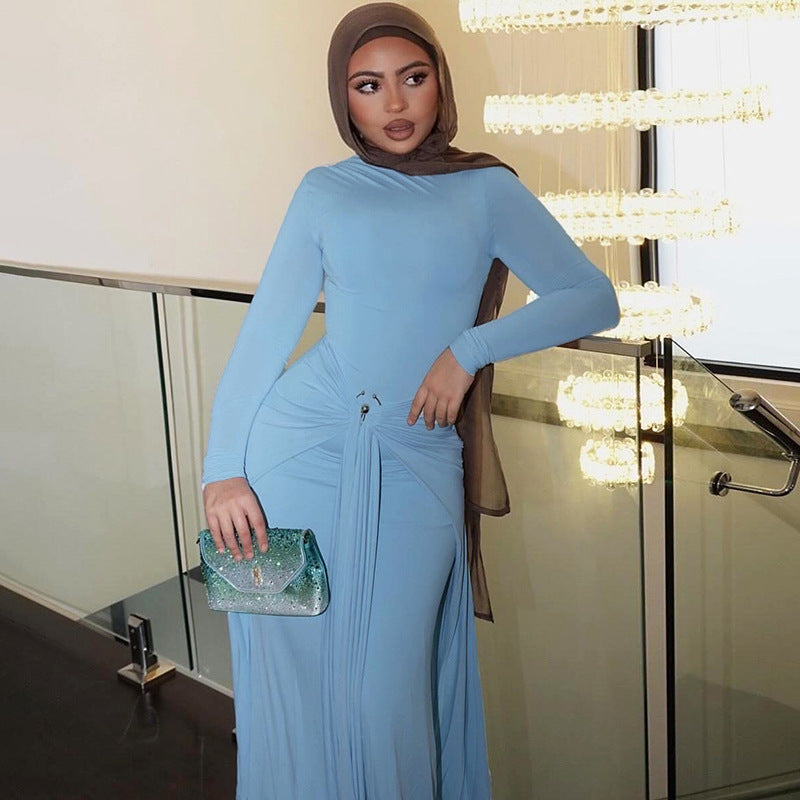 Damen Elegantes Maxikleid mit Drapierungsdetails und langem Arm