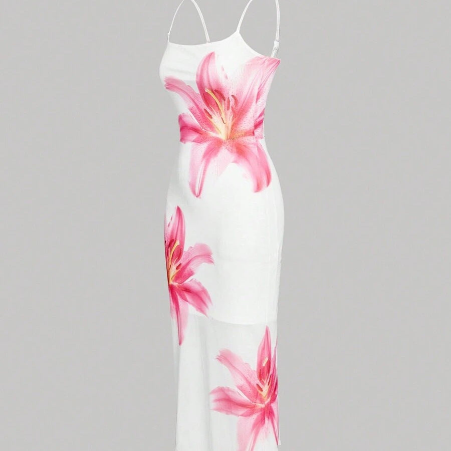 Damen sommerliches Blumenkleid mit feinen Spaghetti-Trägern und fließendem Schnitt R&B