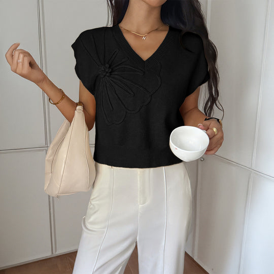 Damen V-Ausschnitt Strickoberteil mit floralem Relieffinish R&B