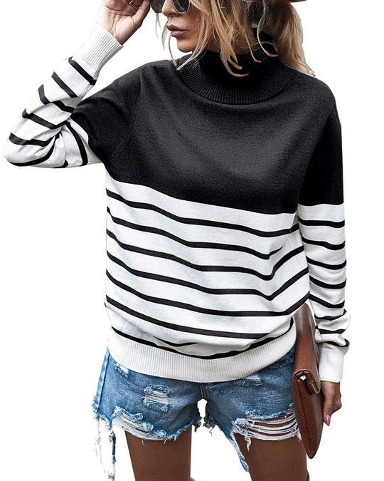 Damen Strickpullover mit einem modernen Hochkragen und breitem Streifenmuster R&B