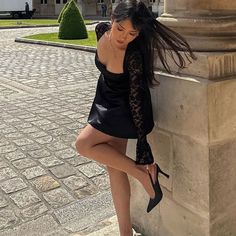 Damen Elegantes Kleid mit Spitzenärmel und fließendem Rock R&B