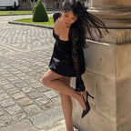 Damen Elegantes Kleid mit Spitzenärmel und fließendem Rock EB