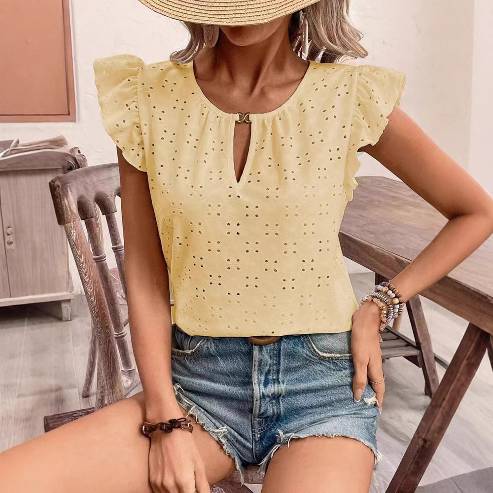 Damen Bluse mit Rüschendetails und verspieltem Lochmuster R&B