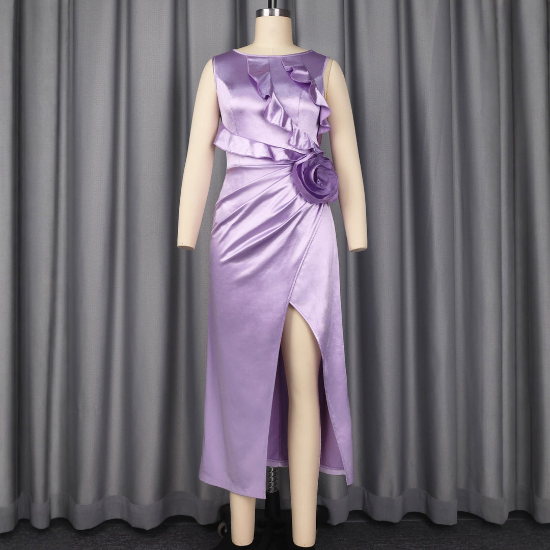 Damen Elegantes Satin Abendkleid mit Rüschendetails und seitlichem Schlitz R&B