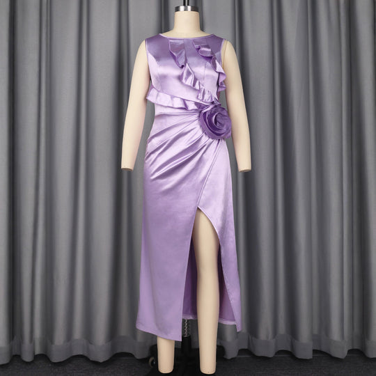 Damen Elegantes Satin Abendkleid mit Rüschendetails und seitlichem Schlitz R&B