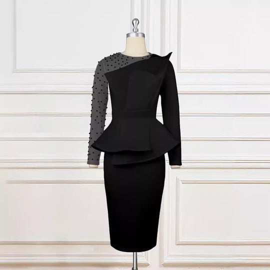 Damen Etuikleid mit transparenten Puffärmeln und dekorativem Peplum R&B