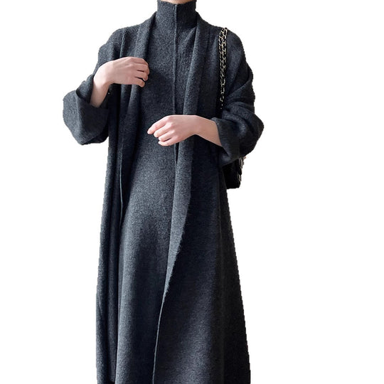 Damen Langer Strickmantel mit hohem Kragen und elegantem Schnitt R&B