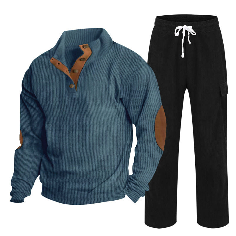 Herren nan Strick-Freizeitset mit Knopfleiste und Ellenbogenaufnähern sowie Cord-Cargohose R&B