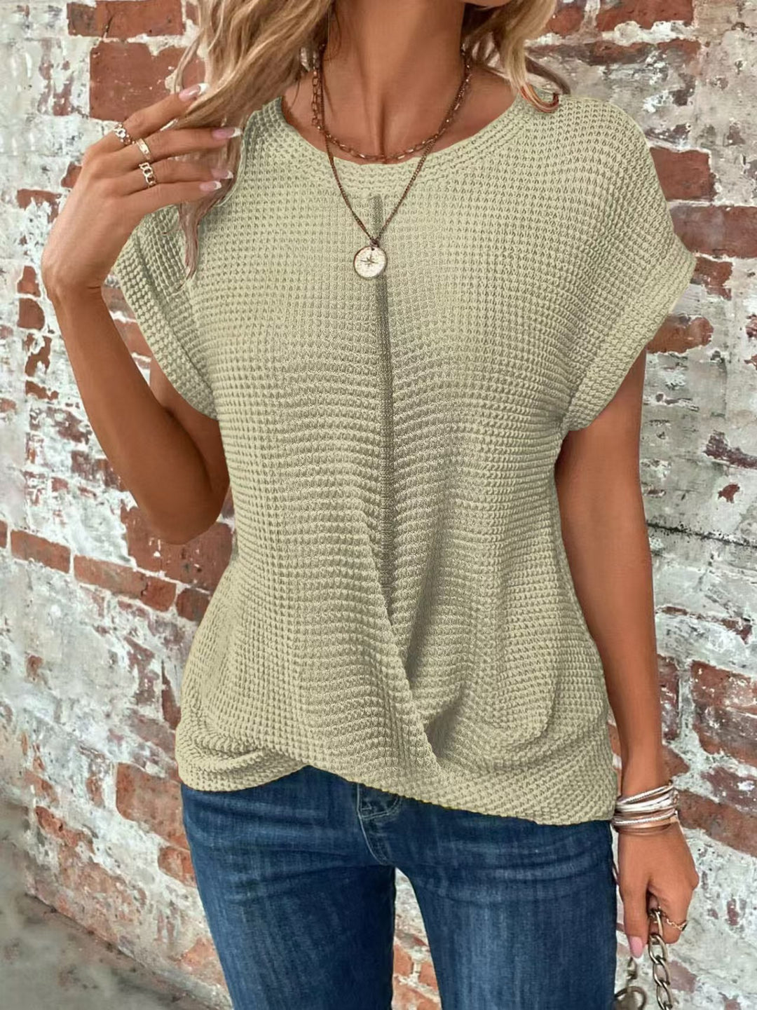 Damen lässiges Waffelpullover mit weichem Stoff und eleganten Ärmeln R&B