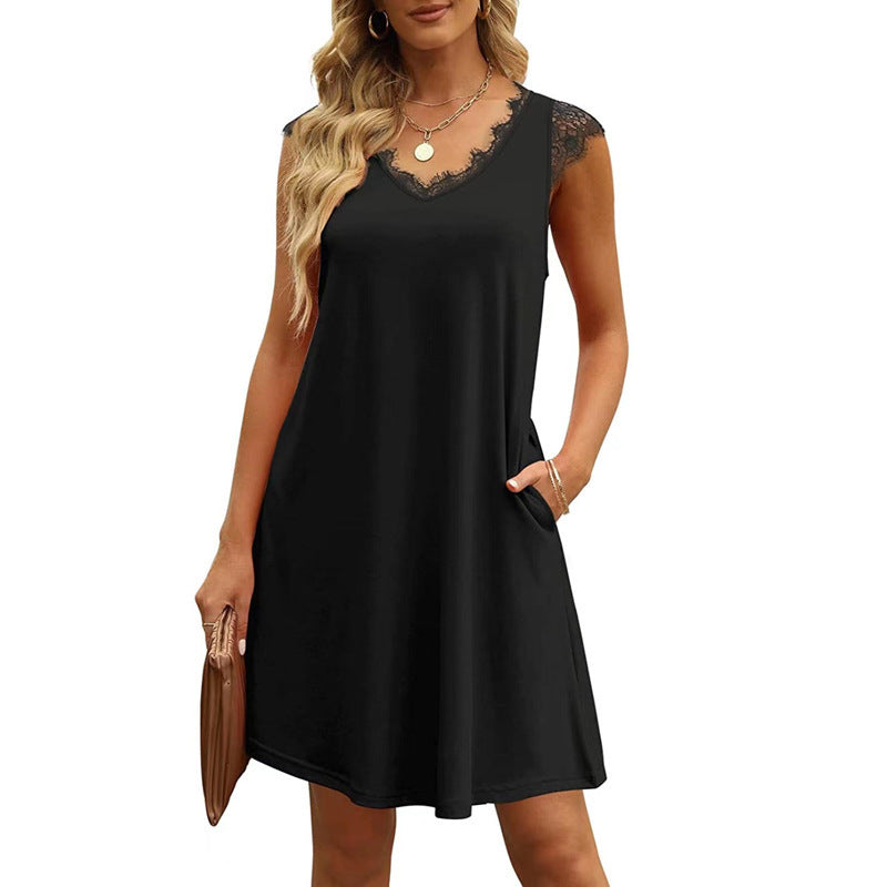 Damen ärmelloses Kleid mit Spitzendetail und seitlichen Taschen R&B