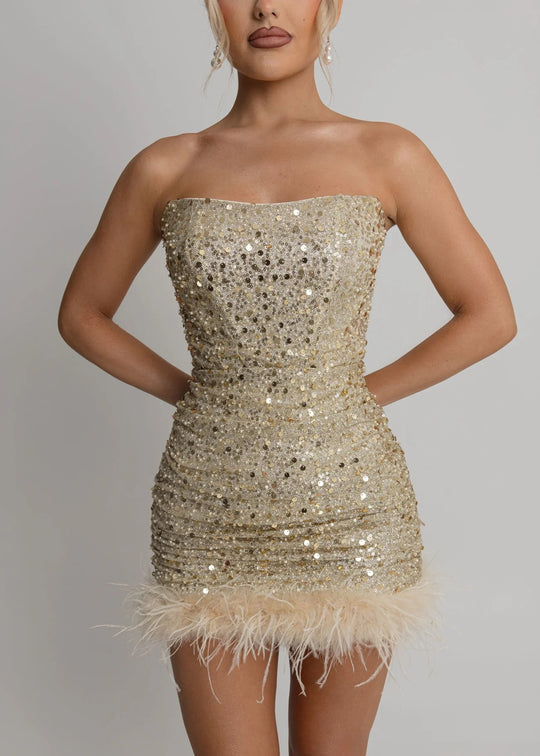 Damen Glamouröses Cocktailkleid mit Pailletten und Federkragen R&B