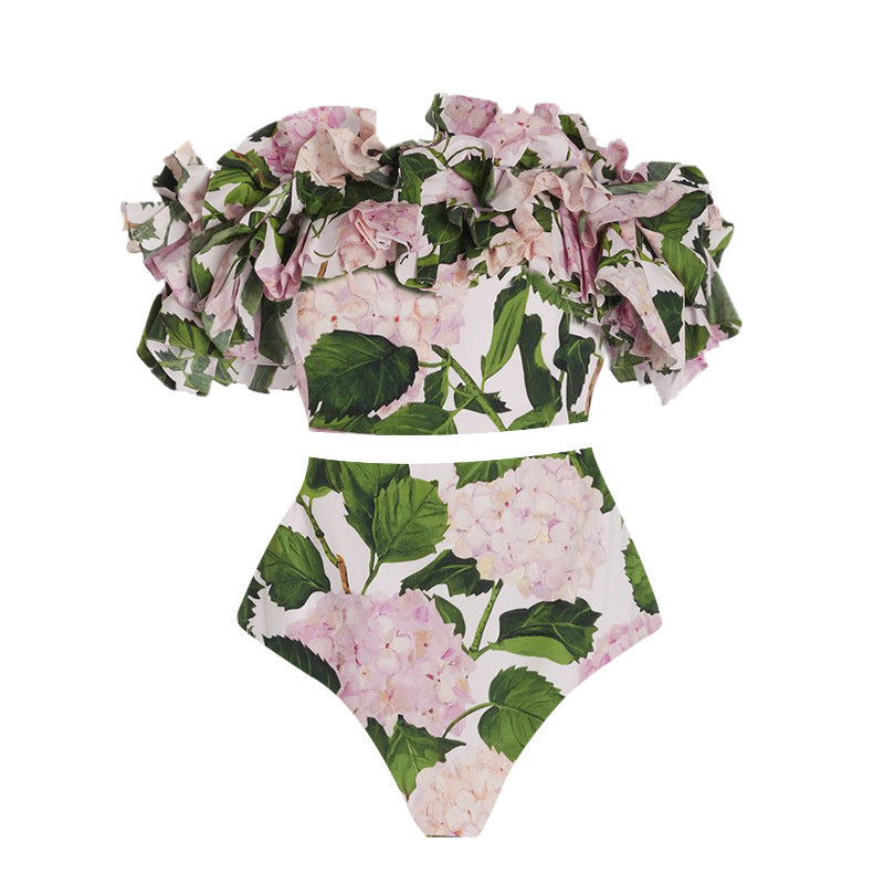 Damen Einteiler Badeanzug mit voluminösen Rüschendetails und floralem Design R&B
